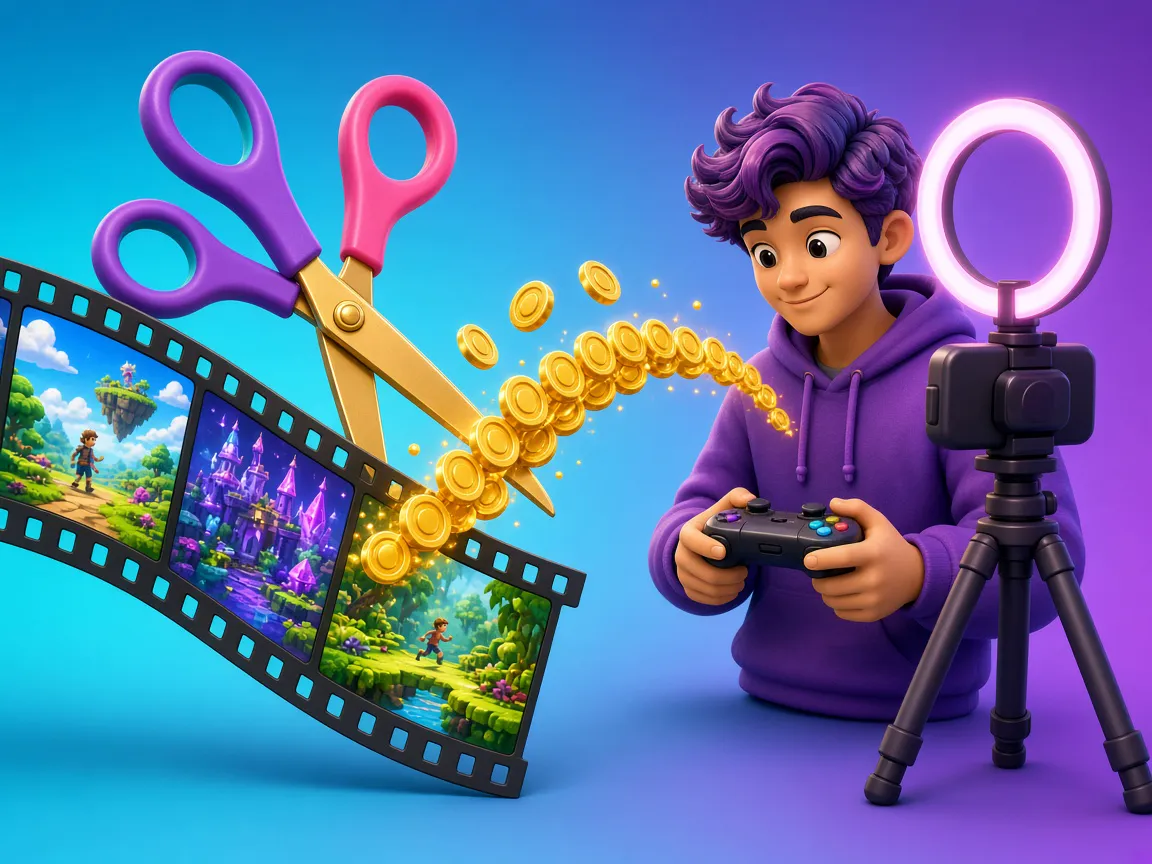 Des ciseaux cartoon qui coupent une pellicule de scènes de jeu abstraites, à côté d'un créateur en sweat qui filme avec une manette et un anneau lumineux