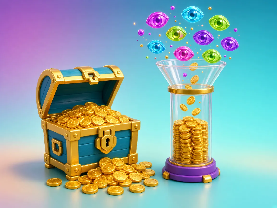 A treasure chest full of coins beside a glass tube filling with coins and eye-shaped gems