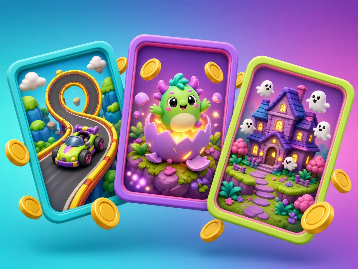 Three floating game cards: a kart on a loop, a creature hatching from an egg, and a cartoon haunted house