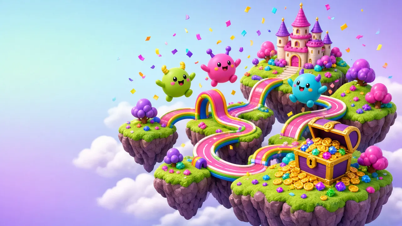 A colorful isometric game island with a small castle, a race track, a treasure chest of gems, and original round creatures cheering