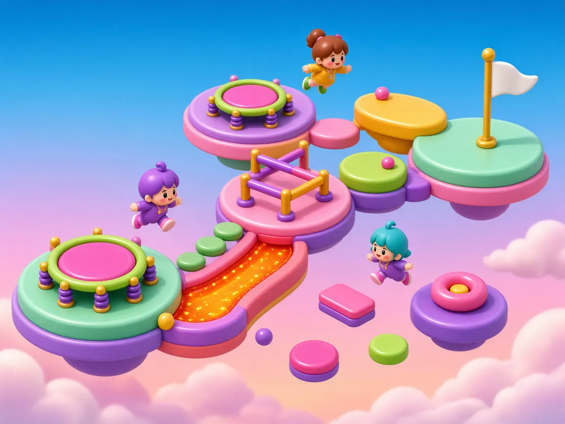 A pastel obstacle course floating in the sky, with trampolines, a blank finish flag, and original round characters jumping